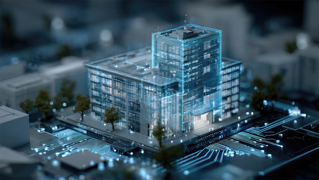 Holographic building model on illuminated circuit board cityscape. Digital infrastructure